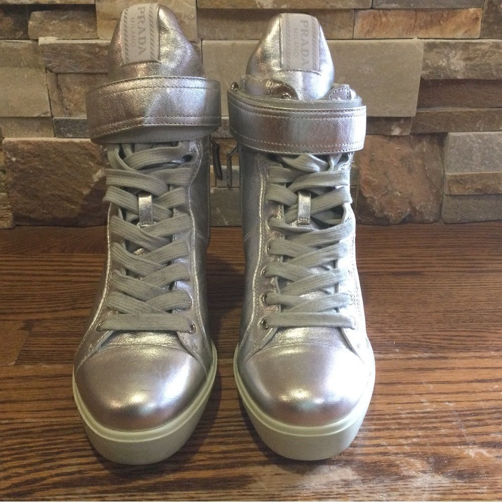 PRADA Silver Metallic Wedge Sneakers w/inner zip+Hook/Loop Closure